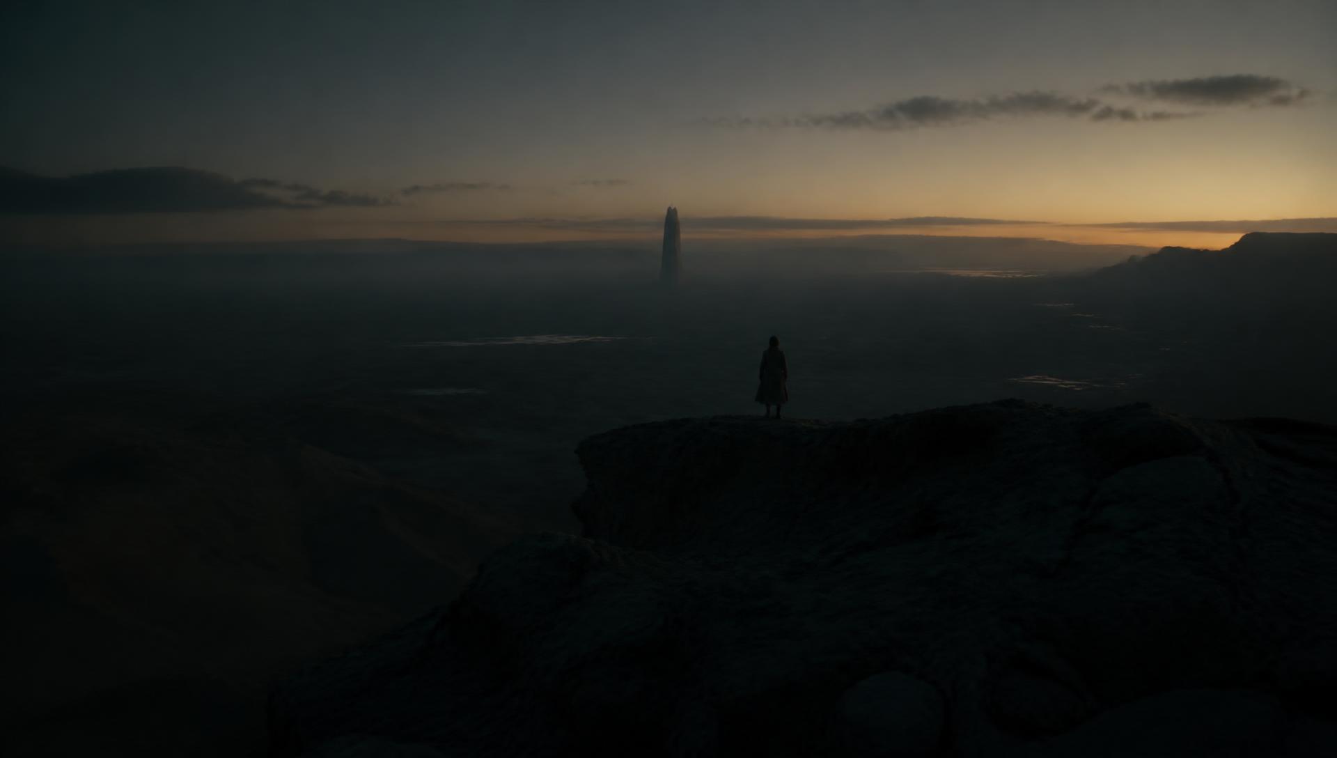 A lone figure on a high plateau at dusk beneath a distant monolith